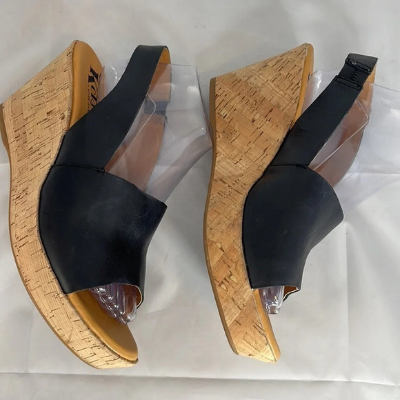 KORK-EASE Cork Wedge Sling-backs Navy Blue Leather Platform Open Toe Size 10 - Picture 6 of 13